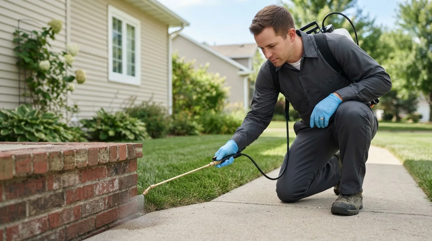 Pest control technician treating a home near Poseyville, IN