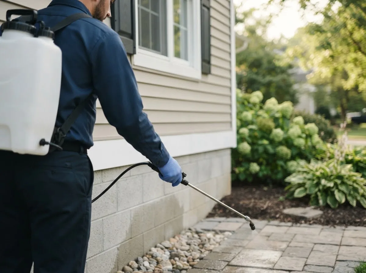 Pest control technician inspecting a home in Poseyville, IN